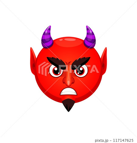 Cartoon Halloween devil emoji character. Isolated vector devilish, and spooky personage for messages and chats. Red imp face emoticon with evil grin, horns, beard and fiery eyes, round Satan emoticon 117147625