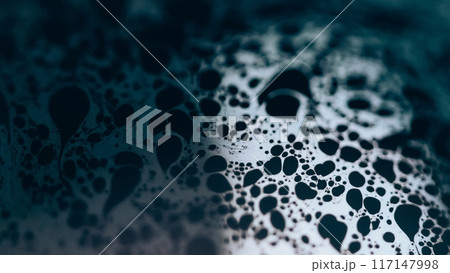 Acid foam. Chemical fluid. Defocused blue color bubbles texture emulsion blend flow wave on dark black abstract art background. 117147998