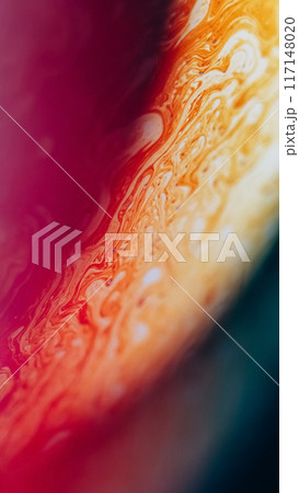 Gasoline rainbow. Paint mix. Defocused neon pink orange blue color spectrum oil dye droplets flow abstract art background. Gasoline rainbow. Paint mix. Defocused neon pink orange blue color spectrum oil dye droplets flow abstract art background. 117148020