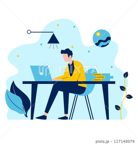 Flat Design Illustration of Man Entrepreneur Working with Laptop at Office 117148079