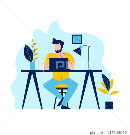 Flat Design Illustration of Man Entrepreneur Working with Laptop at Office 117148086