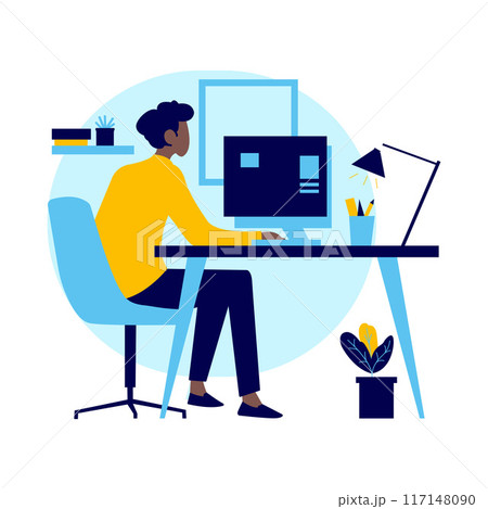 Flat Design Illustration of Black Man Employee Working with Computer at Office 117148090