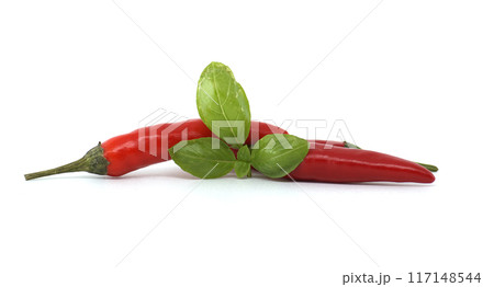 Red pepper and a green basil leaves on a white background Red pepper and a green basil leaves on a white background 117148544