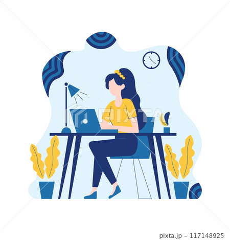 Flat Design Illustration of Woman Employee Working Using Laptop at Office with Fluid Background 117148925