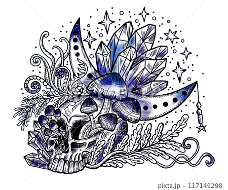 Styled vintage illustration with mystic mushrooms magic and floral elements 117149298