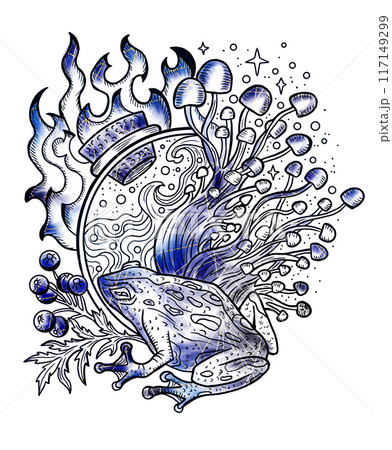 Styled vintage illustration with mystic mushrooms magic and floral elements 117149299