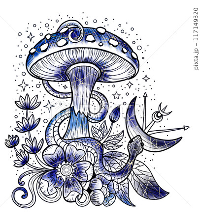 Styled vintage illustration with mystic mushrooms, magic and floral decorative elements, witchcraft symbols isolated on white. Esoteric and witchy concept, tattoo art Styled vintage illustration with mystic mushrooms, magic and floral decorative elements, witchcraft symbols isolated on white. Esoteric and witchy concept, tattoo art 117149320