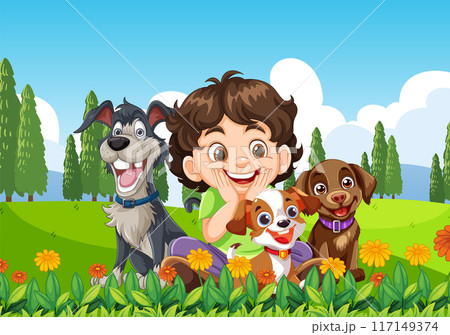 Happy Child with Dogs in Park Happy Child with Dogs in Park 117149374