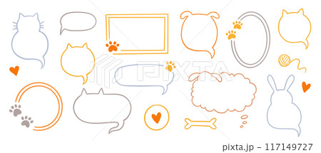 Cat dog pet frame, speech bubble cute set. Hand drawn sketch doodle line style animal pet frame design. Cat, dog paw cute talk speech bubble design. Puppy round footprint badge. Vector 117149727