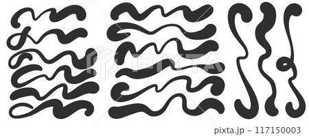Squiggle curly lines set. Swoosh vector strokes and swirl hand drawn calligraphy swashes. Decorative doodle black paint shapes. Wavy flourishes on white background. 117150003