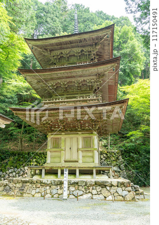 岐阜県揖斐川町 西美濃三十三霊場第一札所の新緑の横蔵寺の三重塔 岐阜県揖斐川町 西美濃三十三霊場第一札所の新緑の横蔵寺の三重塔 117150491