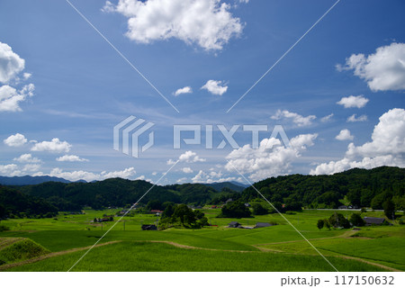 夏空 青空 白い雲 里山 コピースペース 夏空 青空 白い雲 里山 コピースペース 117150632