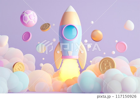 A pastel rocket bursts through clouds, surrounded by colorful coins 117150926