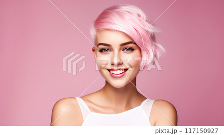Portrait of a smiling cheerful blonde teenage girl with a short haircut and white hair, pink background, banner. 117150927