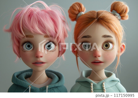 Two animated girls with pink hair, showcasing varied expressions in turquoise hoodies 117150995