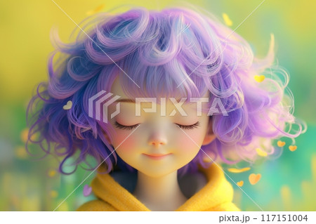 Dreamy character with vibrant purple hair and whimsical heart details 117151004
