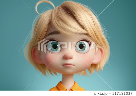 Young girl with blonde ponytail and big green eyes, dressed in an orange shirt 117151037