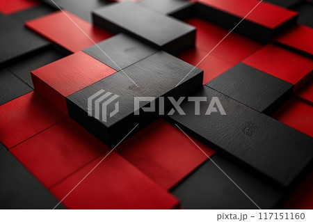 3D red and black blocks on a dark background, offering depth and texture 117151160