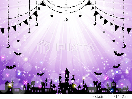ハロウィン、キラキラ、シルエット、紫、集中線、かわいい、イラスト、背景、フレーム、横 117151232