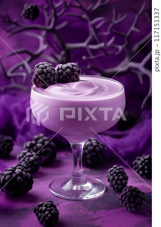 Elegant purple cocktail with blackberries, blending sophistication with Halloween spirits 117151337