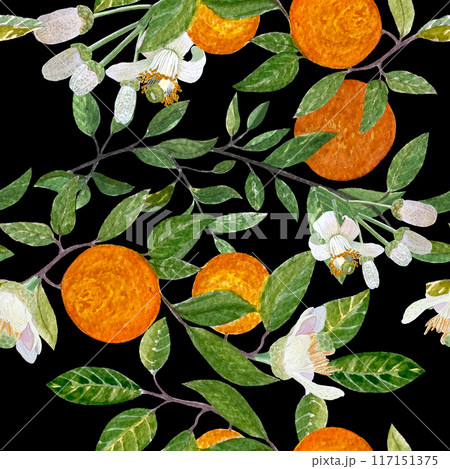 Orange branches with vibrant leaves, delicate flowers, buds and ripe fruits watercolor pattern on black background. Hand-painted art captures the essence of nature, perfect for home decor, cards, and 117151375