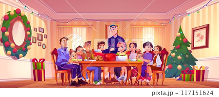 Big family having holiday dinner on Christmas. Big family having holiday dinner on Christmas. 117151624