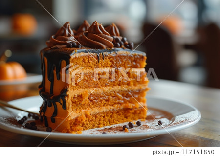 Sliced pumpkin spice cake with chocolate icing in the restaurant interior 117151850