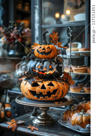 Stacked pumpkin cakes with black and orange layers, adorned for a Halloween feast 117151851