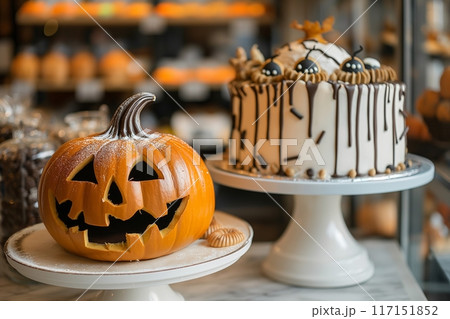 Festive pumpkin cake with white icing drips and spooky decorations on a white stand 117151852