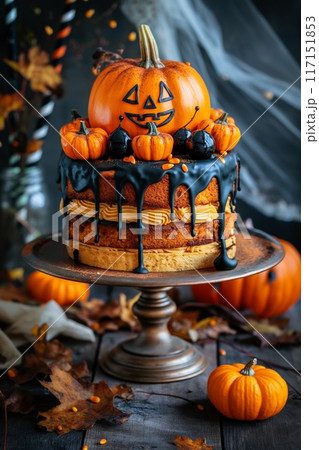 xquisite Halloween pumpkin cake with cascading chocolate on vintage stand 117151853