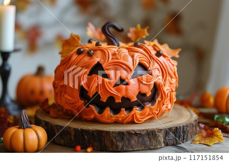 Spooky pumpkin cake with orange icing, surrounded by autumn leaves 117151854