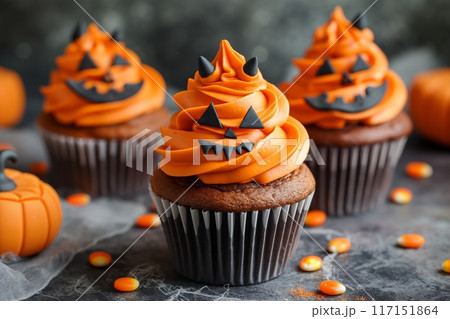 Spooky pumpkin face cupcakes topped with vibrant orange icing 117151864