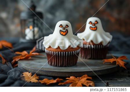 Ghost themed cupcakes with lantern and autumn leaves backdrop 117151865