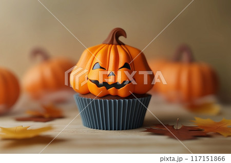 Orange pumpkin shaped cupcake on a table with autumn leaves 117151866