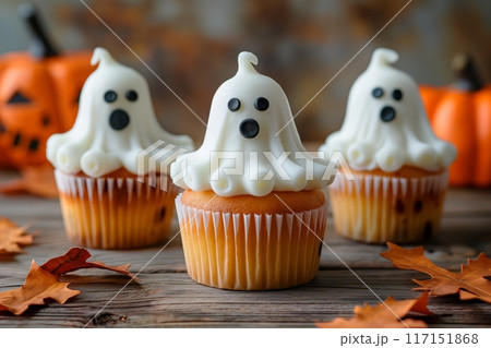 Ghost cupcakes among autumn leaves, perfect for Halloween treats 117151868