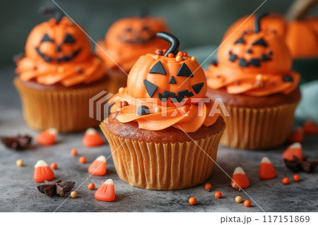 Delicious pumpkin cupcakes with Halloween faces and orange icing 117151869