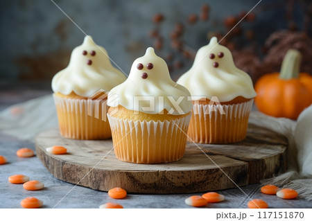 Ghostly cupcakes with cream topping on a rustic wooden backdrop 117151870