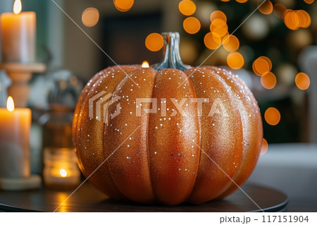 Glittery orange pumpkin with a cozy candlelit background, ideal for a festive autumn display 117151904