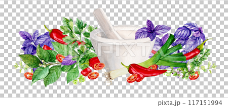 Spicy herbs and white mortar. Watercolor illustration of kitchen herbs. Bay leaf, rosemary, tarragon, savory, basil, chili pepper, leek, rosemary - traditional ingredients of Mediterranean cuisine. 117151994
