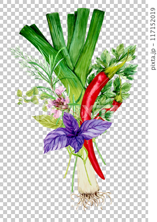 Bouquet of kitchen herbs. Rosemary, thyme, basil, parsley, dill, chili pepper, bay leaf. Spicy herbs, watercolor illustration. Spices of Italian cuisine, composition in Provence style. 117152019