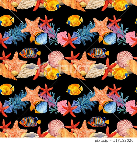 Seamless pattern with underwater inhabitants. Watercolor tropical fish, starfish, shells, seaweed and corals on a black background. Seamless pattern in a marine style for printing, clothing 117152026