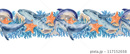 Humpback whales, dolphins, seaweed with starfish and shells. Watercolor illustration, hand drawn in blue and light blue colors. Seamless border, pattern isolated from background. 117152038