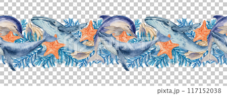 Humpback whales, dolphins, seaweed with starfish and shells. Watercolor illustration, hand drawn in blue and light blue colors. Seamless border, pattern isolated from background. 117152038