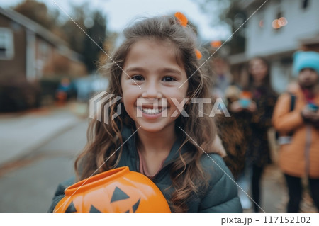 Happy young girl holding a pumpkin on a bustling street during Halloween 117152102