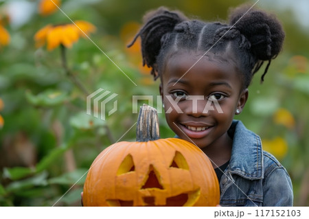Young girl with pigtails smiling next to a carved pumpkin in a flower garden 117152103