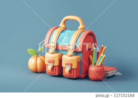Orange and peach backpack surrounded by school supplies on a blue background Orange and peach backpack surrounded by school supplies on a blue background 117152168