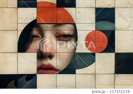 Abstract portrait with a mosaic of vintage tiles and a solemn female face Abstract portrait with a mosaic of vintage tiles and a solemn female face 117152219