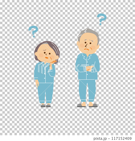 Cute illustration of a senior man and a senior woman wearing pajamas 117152409