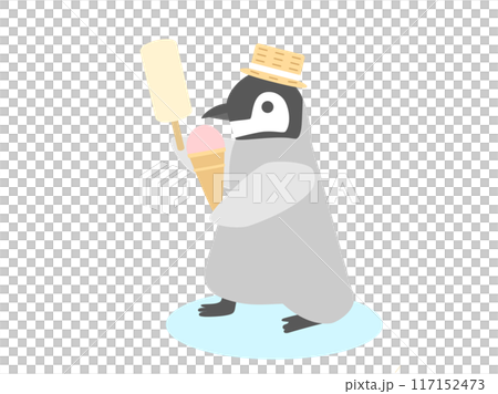 Illustration of a penguin wearing a straw hat and holding an ice cream 117152473