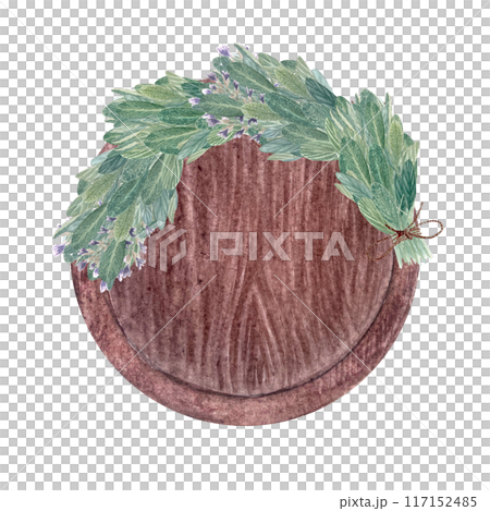 A bunch of Sage on a wooden tray watercolor illustration isolated on white. High quality hand painted art for cards, packages, oil infusions, folk medicine recipes, herbal guides, labels, logotype A bunch of Sage on a wooden tray watercolor illustration isolated on white. High quality hand painted art for cards, packages, oil infusions, folk medicine recipes, herbal guides, labels, logotype 117152485